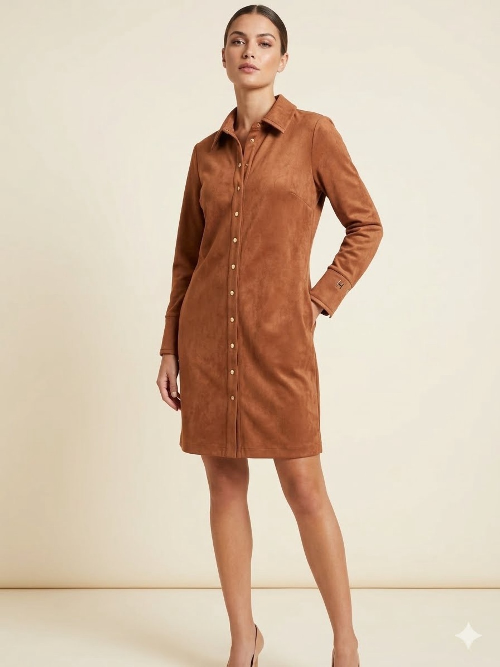 Halston Chestnut Brown Suede Button-Front Long-Sleeve Dress